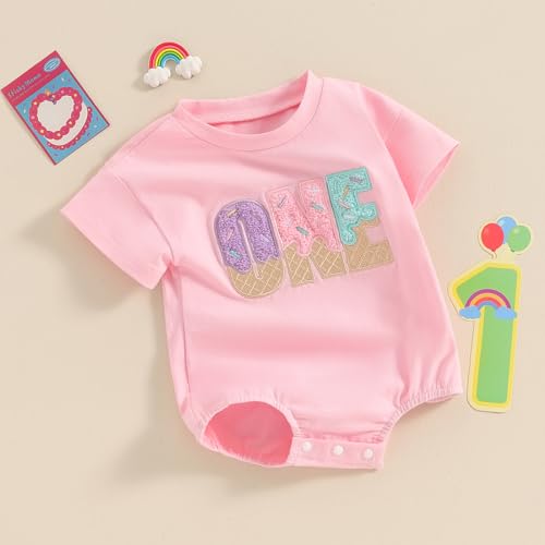 GOOCHEER Infant Baby Girl Birthday Outfit Ice Cream One Embroidery Romper T-Shirt Short Sleeve Bodysuit Summer Clothes (Pink, 12-18 Months)3