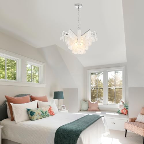 VANZARLA Capiz Shell Chandelier for Bedroom, Modern Coastal Dining Room Light Fixture, Farmhouse Pendant Light for Entryway Kitchen Living Room, Chrome Finish - Image 3