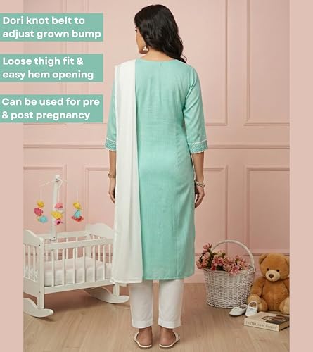 Image of DUMMY SHAPE Feeding Dresses for Women Full Set | Cotton Blend Floral Embroidered Kurta Pant Dupatta Suit with Nursing Zippers to Pre & Post Pregnancy | Gift for Pregnant Woman