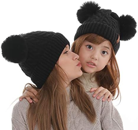 Mom and Baby Matching Hats Women Kids Winter Knit Beanies with Faux Fur Double Pom Pom, Mommy and Me Parent-Child Cute Warm Soft Black Fleece Knitted Cap for Boys Girls Mother Daughter Son