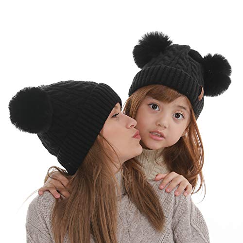 Mom And Baby Matching Hats Women Kids Winter Knit Beanies With Faux Fur Double Pom Pom, Mommy And Me Parent-Child Cute Warm Soft Black Fleece Knitted Cap For Boys Girls Mother Daughter Son #TOP3