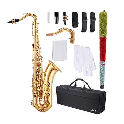 VEVOR Saxofón Tenor en Si Bemol, Juego de Saxofón Bend con Estuche, Boquilla, Correas, Paño de Limpieza, Guantes, Correa para el cuello, 23 Teclas para Músicos de Todos Los Niveles, Dorado