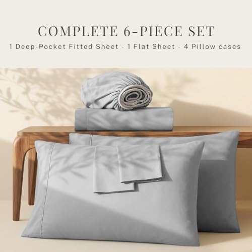 Image of Hearth & Harbor Extra Deep Pocket Queen Sheets Sets - Fits Mattress 18-24 Inches Deep - Extra Deep Pocket Sheets - 6 Piece Queen Size - Silver