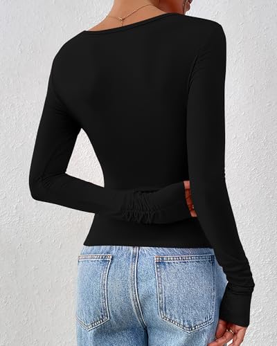 BTFBM Womens Tops Dressy Casual Workout Outfits Fall 2025 Long Sleeve Shirts Boat Neck Ruched Bodycon Going Out Top3