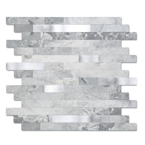 Yipscazo 20 Sheets Peel and Stick Stone Metal Tile Backsplash, Stick on Tiles for Backsplash Kitchen, Bathroom, Laundry Room, Camper, Fireplace (12'' X 12'', Gray Stone with Metal) by Yipscazo - Used condition - US$29.99