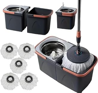 *NEW* SWISSPACK Revolving Spin Mop and Bucket With .5. Extra Pads Perfect For Easy Cleaning. Clean and Dirty Water Separtered For Perfect Finish (ORANGE-GREY) (ORANGE-GREY 2)