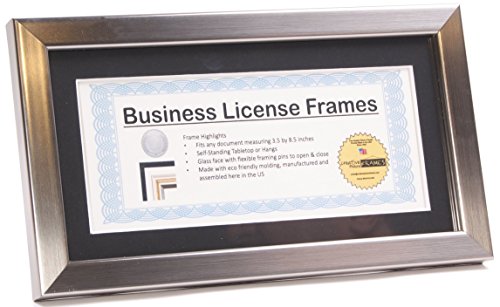 Creative Picture Frames Stainless Steel Business License Frame for Professionals Holds 3.5 by 8.5 with Black Mat Includes Self Standing Easel