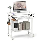 Tangkula Rolling Computer Desk Cart with Keyboard Tray, Mobile Portable Laptop PC Desk with CPU Stand & 3 Hooks for Sofa & Bed, Compact Small Desk on Wheels for Small Spaces (White)