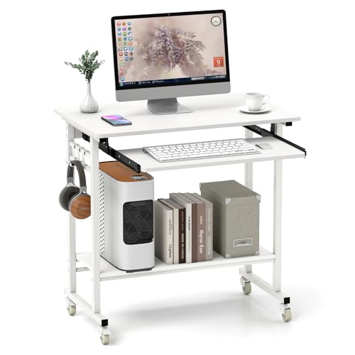 Tangkula Rolling Computer Desk Cart with Keyboard Tray, Mobile Portable