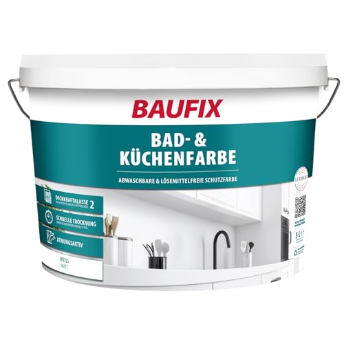 BAUFIX Bad- und Küchenfarbe weiss, matt, 5 Liter, Weiße Wandfarbe, Badfarbe weiß, abwaschbare Küchenfarbe, für Bad/Küche/WC, atmungsaktiv, hohe Deckkraft
