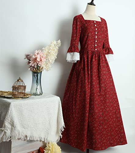 Tumknow Women Vintage Floral Victorian Pioneer Colonial Dress Medieval Renaissance Party Prom Costume Civil War Prairie Dress M Winered #TOP2