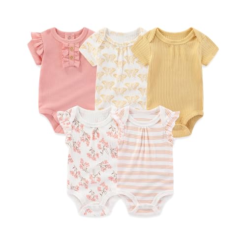 MAMIMAKA Newborn Baby Girl Short Sleeve Bodysuits 5 Pack Cotton One-Piece Baby Clothes Pink, 9-12 Months