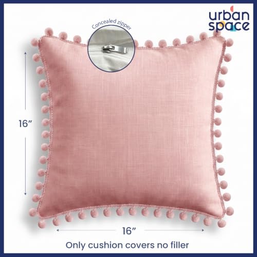 Image of Urban Space Cotton Cushion Cover Set of 5, 16 x 16 Inches, Decorative Throw Pillow Covers with Pom Pom, Printed Sofa Cushion Covers for Living Room, Home Decor (CC1, 40Cm x 40Cm, Set of 5)