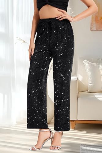 PEIQI Women High Elastic Waist Wide Leg Palazzo Pants Bling Glitter Casual Loose Long Sparkle Pant Trouser2