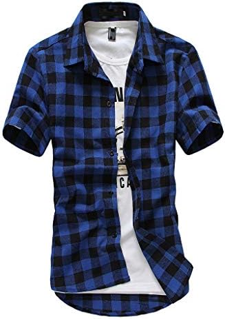 MIUERSA Men's Short Sleeve Button Down Plaid Shirt Summer Lightweight Comfort Slim Fit Camp Long Flannel Shirt Tshirts Dark Blue