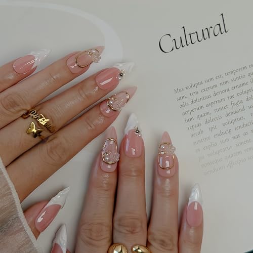 Sculpted Bloom Nude & White Elegant Press-On Nails, Gold Frame