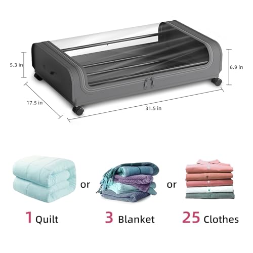Image of Nayasa Under Bed Storage Box | Storage Organizer | Ideal For Small Space Clothes Storage | Clothes, Shoes, Toys, Books With Clear Cover | Lockable Wheels | Set of 5 | Grey