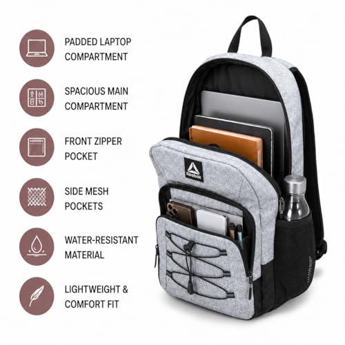 Sac à dos Reebok d'école léger avec fermeture éclair et compartiments spacieux noir