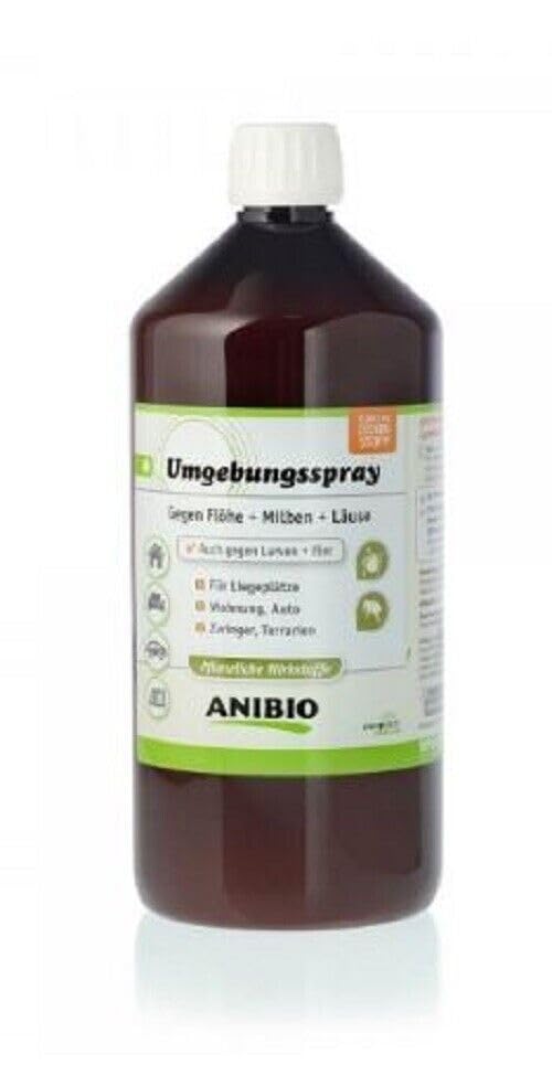 Anibio Umgebungsspray 1000ml Nachfüllflasche ohne Sprühkopf - gegen Flöhe, Milben & Läuse – pflanzliche Anti‑Parasiten Sprühlösung mit Geraniol – wirkt auch gegen Larven & Eier