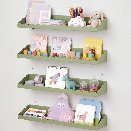 BrightRow 4 Pack Green Scalloped Nursery Book Shelves for Wall 17 Inch Room Floating Green Scalloped Nursery Bookshelves Wall Mounted Shelf for Room Bedroom Playroom Decor, Metal Material