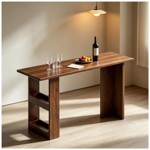 55.1" Bar Table with Solid Wood Core, Pub Height Console Table with Storage