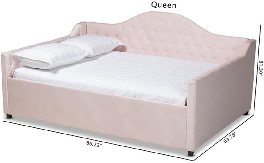 BOWERY HILL Contemporary Velvet Upholstered Queen Daybed, Pink Finish, Solid Rubberwood and MDF Construction, Button Tufted, Tapered Feet, Stylish Bedroom Furniture