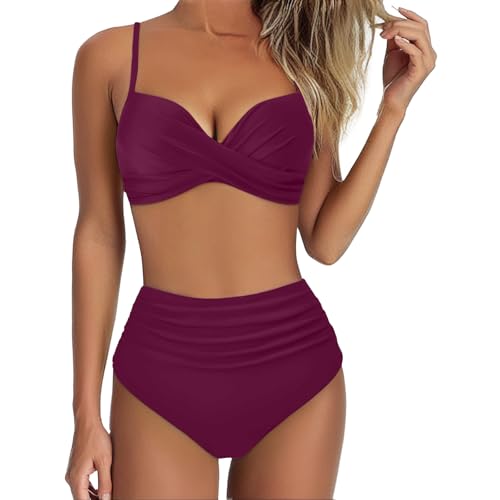 Generico Costume Donna Due Pezzi, Costumi da Bagno Donna Vita Alta Pezzi Push Up Bikini Imbottito Halter Reggiseno Swimwear Abitida Spiaggia Estiva Beachwear