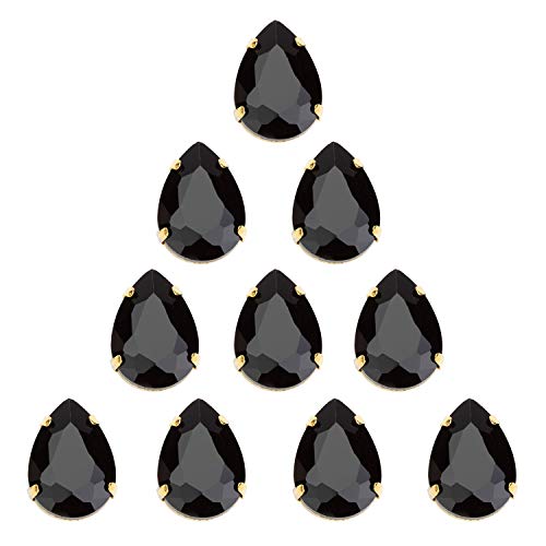 Choupee Sew On Rhinestone Tear Drop Crystal Rhinestones in Gold Setting 48 Pcs (Black, 13 X 18 MM)