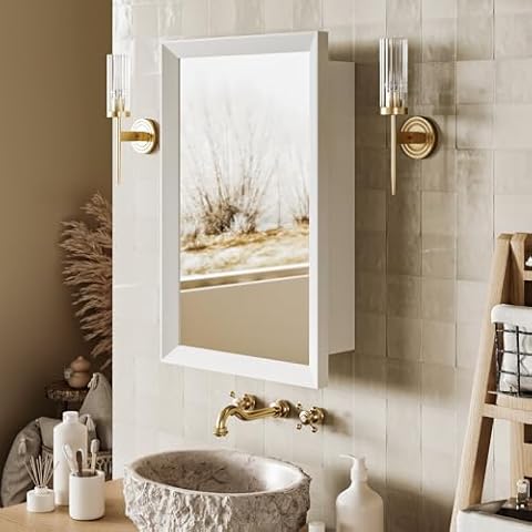 AGDULL Retro-Style Medicine Cabinet with 17’’x27’’ Solid Wood Mirror Frame, Bathroom Recessed Wall Cabinet, Living Room Wood Storage Cabinet, White Cover