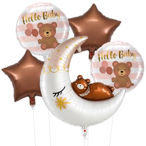 Image of Rozi Decoration Hello Baby Teddy Bear Moon Foil Balloon Set with Star & Round Balloons, 5 Pcs Baby Shower Decoration Kit for Welcome Baby Celebration