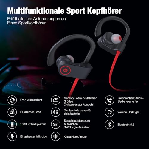 NUASI Bluetooth Kopfhörer, Kabellose Bluetooth 5.3 Sport-Kopfhörer mit IPX7 Wasserschutz für Joggen und Training