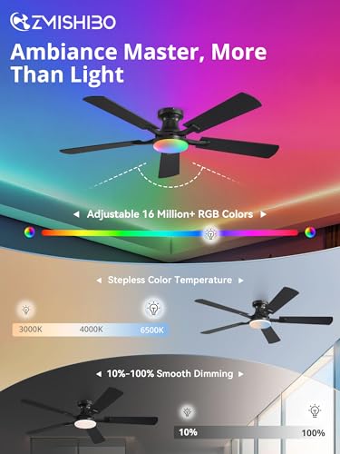 Image of ZMISHIBO 52 Inch RGB Ceiling Fan with Light, App&Remote Control, Flush Mount Low Profile, Dimmable 20W LED Light, Quiet Reversible Motor for Bedroom, Living Room, Apartment, Black