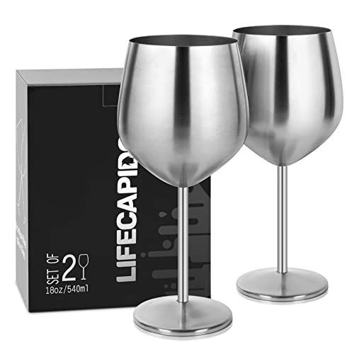 Lifecapido Stainless Steel Wine Glasses Set Of 2, 18Oz Stainless Steel Wine Goblets, Stemmed Metal Wine Glasses With Cup Brush For Party Office Wedding Anniversary, Great For Red White Wine (Sliver) #TOP7