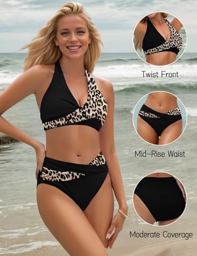 Image of Sopliagon Women's Bikini Sets Twist Front Two Piece Swimsuit Halter Bathing Suit