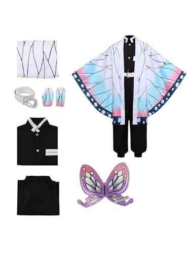 [HOOMINIDAY] アニメ劇場版 蟲柱胡蝶しのぶ コスプレ 子供 衣装 6点セット 羽織 上着 ズボン ベルト 足カバー 髪飾り付き ハロウィン イベンド 子供 コスチュームセット (130cm)