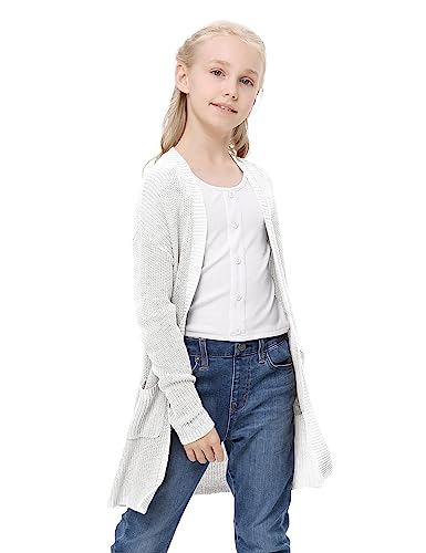 Amarmia Girl's Open Front Cardigan Long Sleeve Knit Sweaters Kids Lightweight Cute Casual Loose Outerwear Coats With Pockets White #TOP2