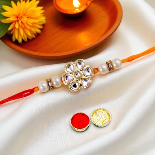 Image of ACCESSHER White Floral Kundan Rakhi with Beads for Brother Pack of 1 with Roli Kumkum Packets and Happy Rakshabandhan Card for Raksha Bandhan