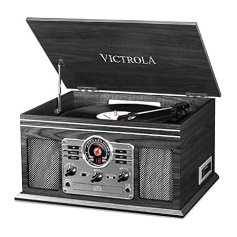 Victrola The Quincy 6-in-1 Bluetooth Record Player & Multimedia Center with Built-in Speakers – 3-Speed Turntable, CD & Cassette Player, FM Radio, Wireless Music Streaming (Grey Wood) Cover