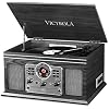 Victrola مشغل تسجيل بلوتوث 6 في 1 ومركز وسائط متعددة مع مكبرات صوت مدمجة، قرص دوار ثلاثي السرعات، مشغل أقراص مضغوطة وأشرطة كاسيت، راديو FM، بث موسيقى لاسلكي (Gray Wood)
