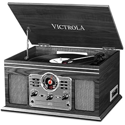 Victrola مشغل تسجيل بلوتوث 6 في 1 ومركز وسائط متعددة مع مكبرات صوت مدمجة، قرص دوار ثلاثي السرعات، مشغل أقراص مضغوطة وأشرطة كاسيت، راديو FM، بث موسيقى لاسلكي (Gray Wood)
