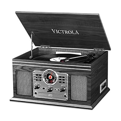 Victrola The Quincy 6-in-1 Bluetooth Record Player & Multimedia Center with Built-in Speakers 3-Speed Turntable, CD & Cassette Player, FM Radio, Wireless Music Streaming (Grey Wood)