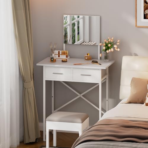 Jakyitvi Small Vanity Desk with Mirror and Drawers, White Makeup Vanity Table with Storage, Compact...