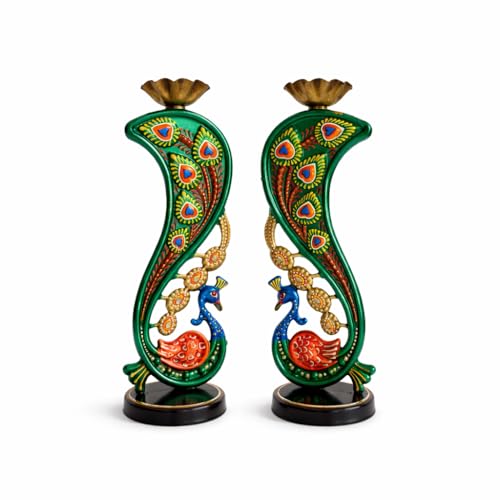 Image of CraftVatika Elegant Metal Peacock Candle Holder - Peacock Decoration Items, Perfect Home Decoration Diwali, Intricate Design Tealight Candle Holders for Home Decor, Handpainted Tealight Candle Holder