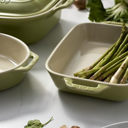 Image of Staub Ceramic 4-pc Baking Pans Set, Casserole Dish with Lid, Brownie Pan, Light Green