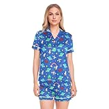 GuoChe Space Adventure - Pijama de satén de seda para mujer, de manga corta, ropa de dormir de dos piezas con botones, Colorido, M