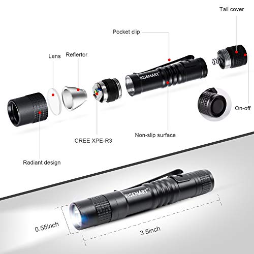 RISEMART Super Small Mini Flashlight AAA CREE XPE-R3 100 Lumens Ultra Bright LED Pen light Pocket Clip Tactical Torch Lamp (3.5inch 2pack) - Thumbnail 4
