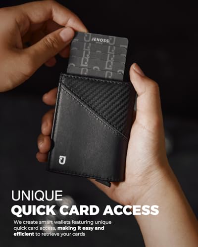 Jenoss Smart Wallet For Men: Full Grain Leather, Handcrafted, Slide Metal Pop Up Case, Slim RFID Blocking Credit Card Holder, Minimalist Compact 12 Cards Slot Organizers ID Money Clip (Black & Carbon)3