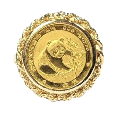 santosh-enterprises-925 Sterling Silver 14K Yellow Gold Finish 20MM Chinese Coin Panda Bear Coin Ring, Women's All Size