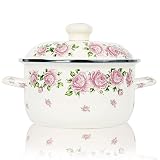 Retro Flower Enamel Stockpot with Lid,Stockpots for Cooking (3L PINK ROSE)