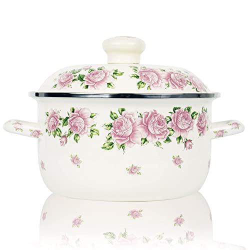 Retro Flower Enamel Stockpot With Lid,Stockpots For Cooking (3L Pink Rose) #TOP16